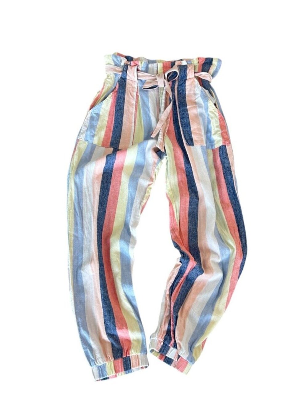 Indigo Rein Striped Linen Blend Cropped Pants Self Belt Size Medium - Picture 1 of 7